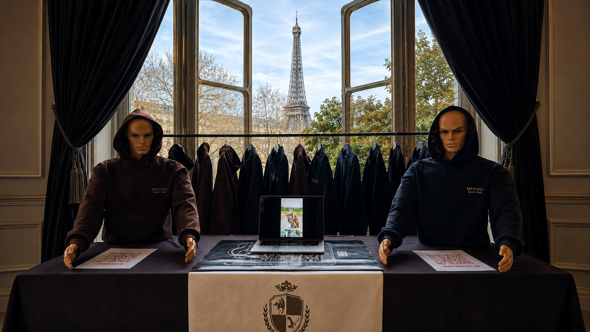 MENASA's first presentation for Bahrain National Day: the house crest on the table, the falcon on the screen and the first hoodies, in brown and in navy