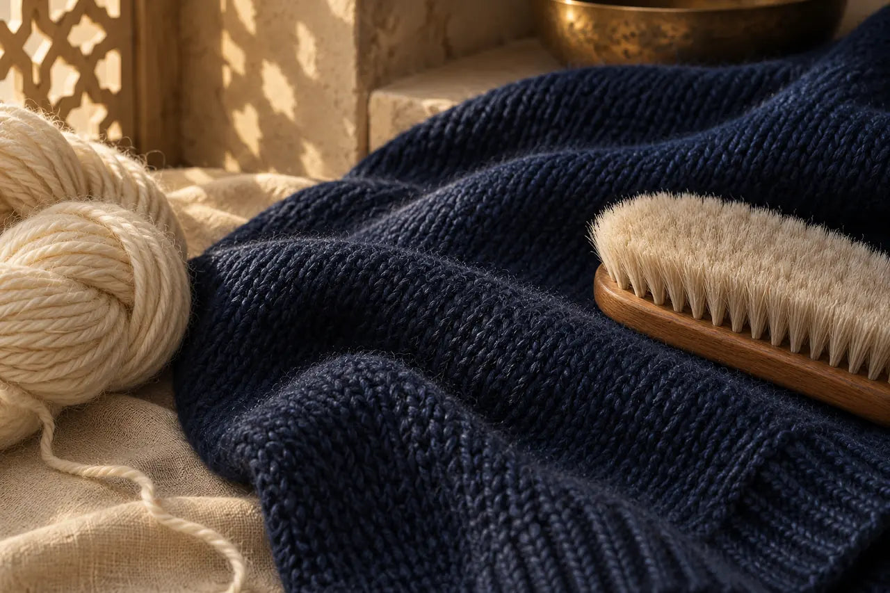 Illustration: close-up of a navy knit with a natural wool brush and a skein of cream yarn