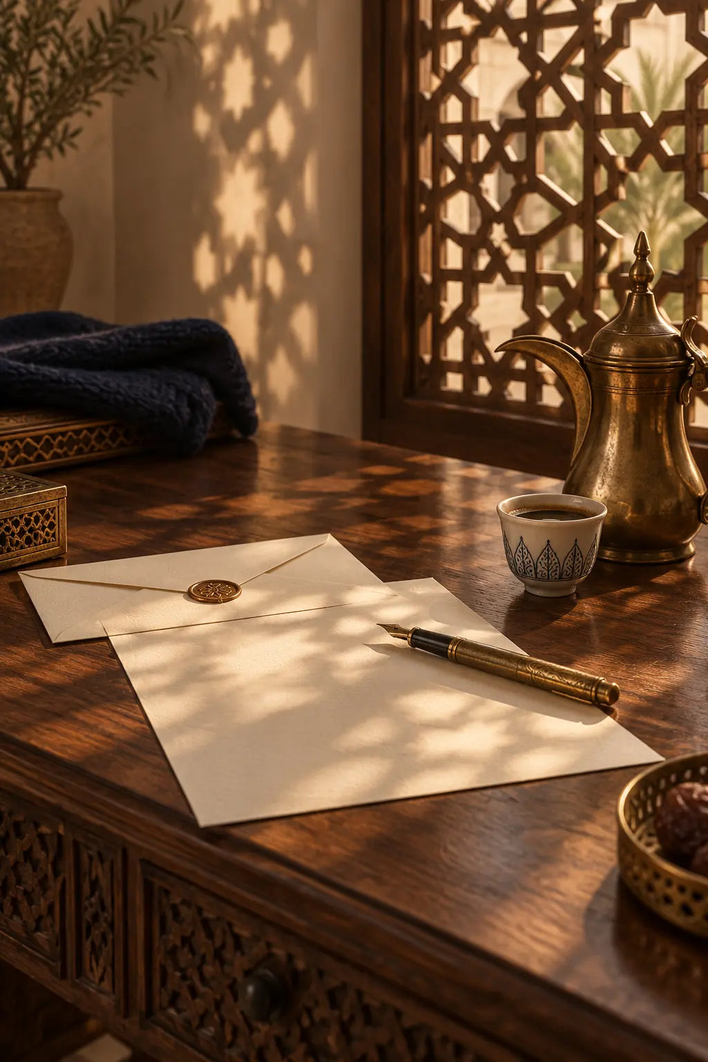 Illustration: a writing desk by a carved screen at golden hour, with paper, a sealed envelope, a brass pen and Arabic coffee